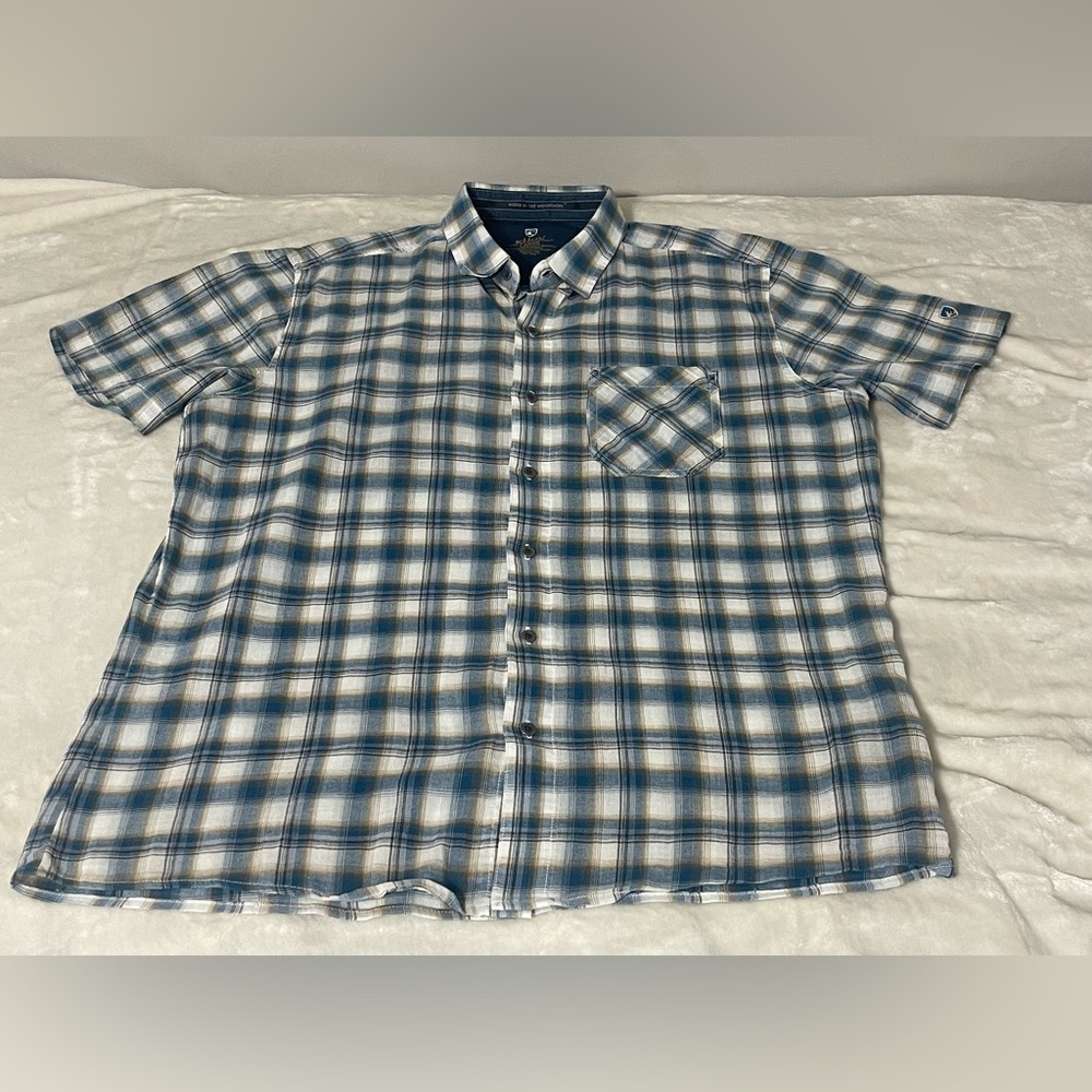 Kuhl Men's Lg. Hiking Short Sleeve Quick-Dry Button Shirt Blue Plaid Organic USA